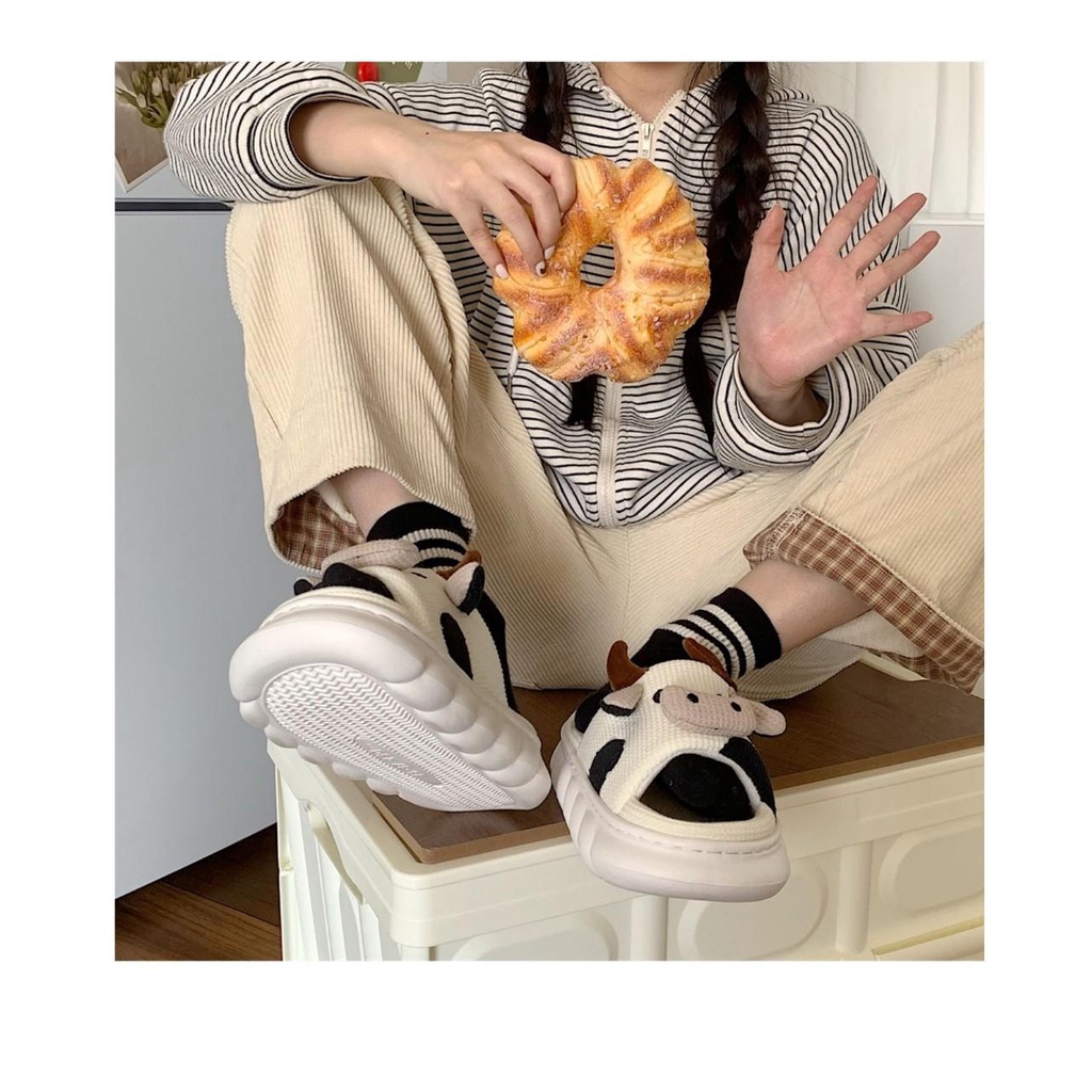 Dép nữ, nam vải bông quai ngang đế bánh mỳ, dép đi trong nhà hình BÒ SỮA DP01