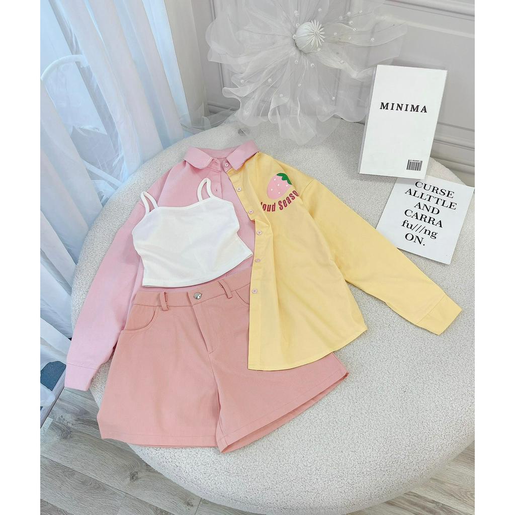 SET 3 MÓN HỒNG PHỐI: ÁO SƠ MI HỒNG PHỐI VÀNG + ÁO TRẮNG LÓT + QUẦN SHORT HỒNG (TH)
