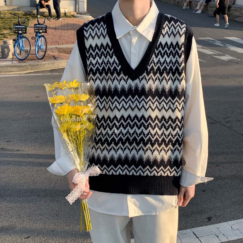 Áo sweater dệt kim sát nách cổ chữ V dáng rộng in họa tiết thời trang xuân thu phong cách Hàn Quốc sành điệu cho nam