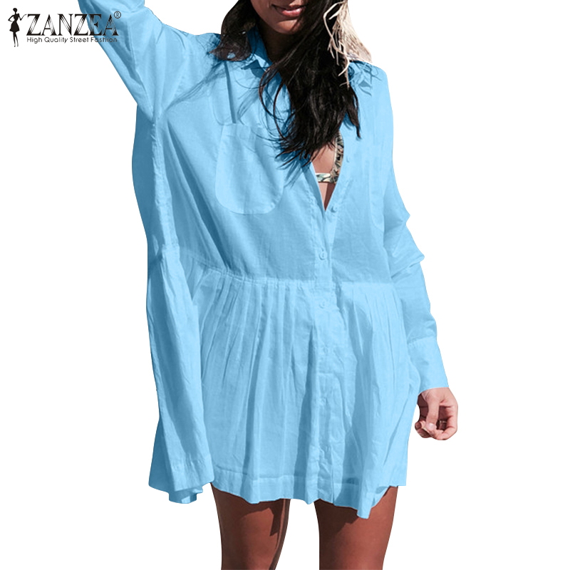 Zanzea Đầm Tay Dài Cổ Bẻ Có Túi Màu Trơn Thời Trang Cho Nữ | BigBuy360 - bigbuy360.vn