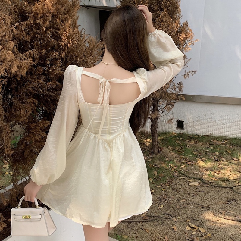 Jane Đầm dự tiệc xòe tay dài kết trân châu trắng nhỏ xinh tôn dáng