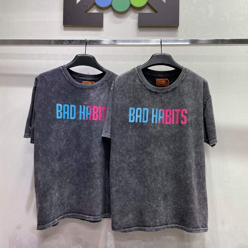 Áo thun bad habits Wash Logo hồng FULL TAG Áo wash tee ngắn tay không cổ Nam nữ Kun Shop