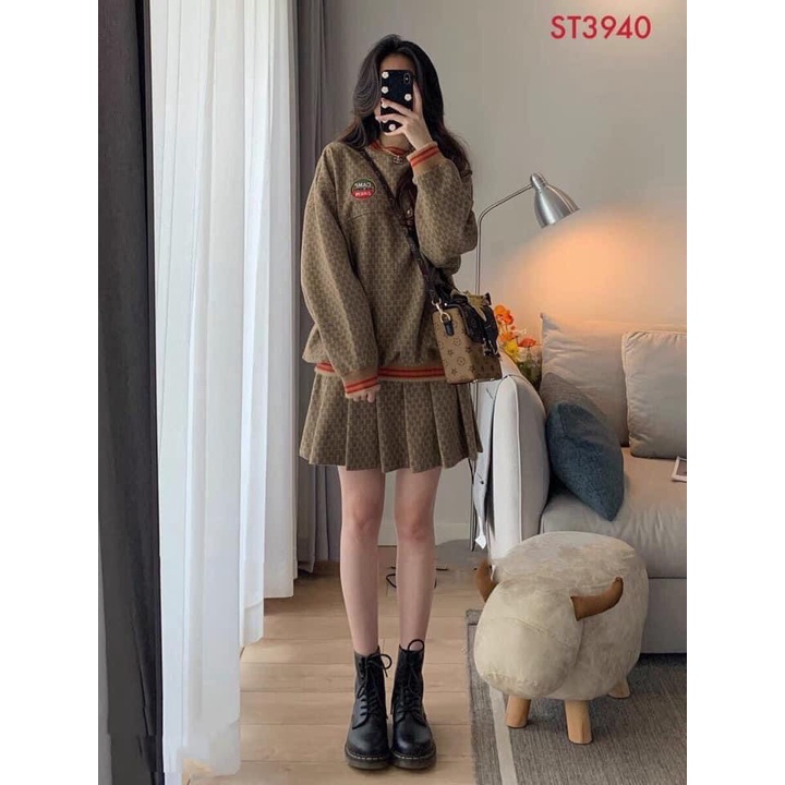 Set áo nỉ dài tay cổ tròn mix chân váy xếp ly GC xinh xắn/ Set áo chân váy nữ dáng rộng unisex mặc thu đông_kudoshop