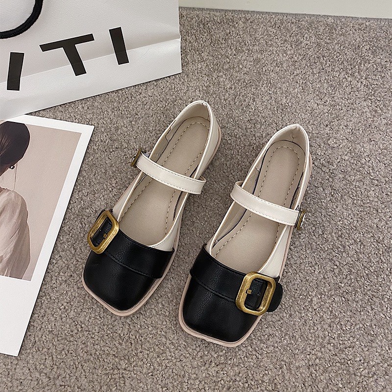 Giày búp bê nữ mũi vuông khuy đồng đế bệt có quai ngang