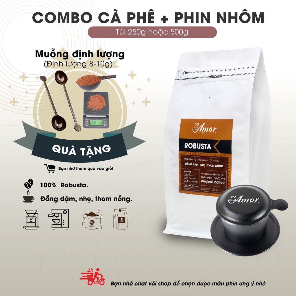 COMBO CÀ PHÊ VÀ PHIN NHÔM, tặng muỗng - Cafe Robusta Nguyên Chất, Rang Xay Mộc, pha phin, pha máy, AMOR COFFEE