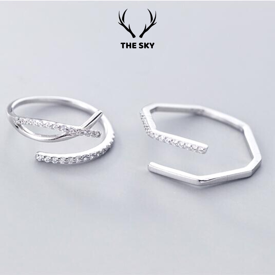 Nhẫn Bạc Nữ THE SKY NB06 Hình Lục Giác Mặt Đính Một Hàng Đá Sáng Lấp Lánh