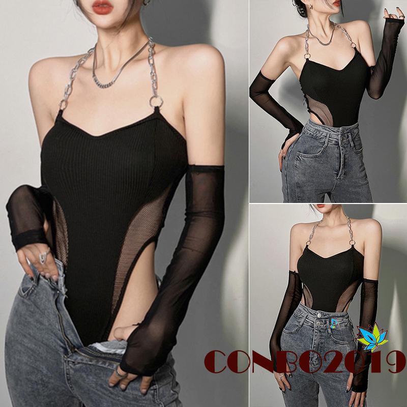 Hgm Bộ Áo Liền Quần Phối Lưới Dây Xích + Tay Áo Màu Đen Hợp Thời Trang Cho Nữ