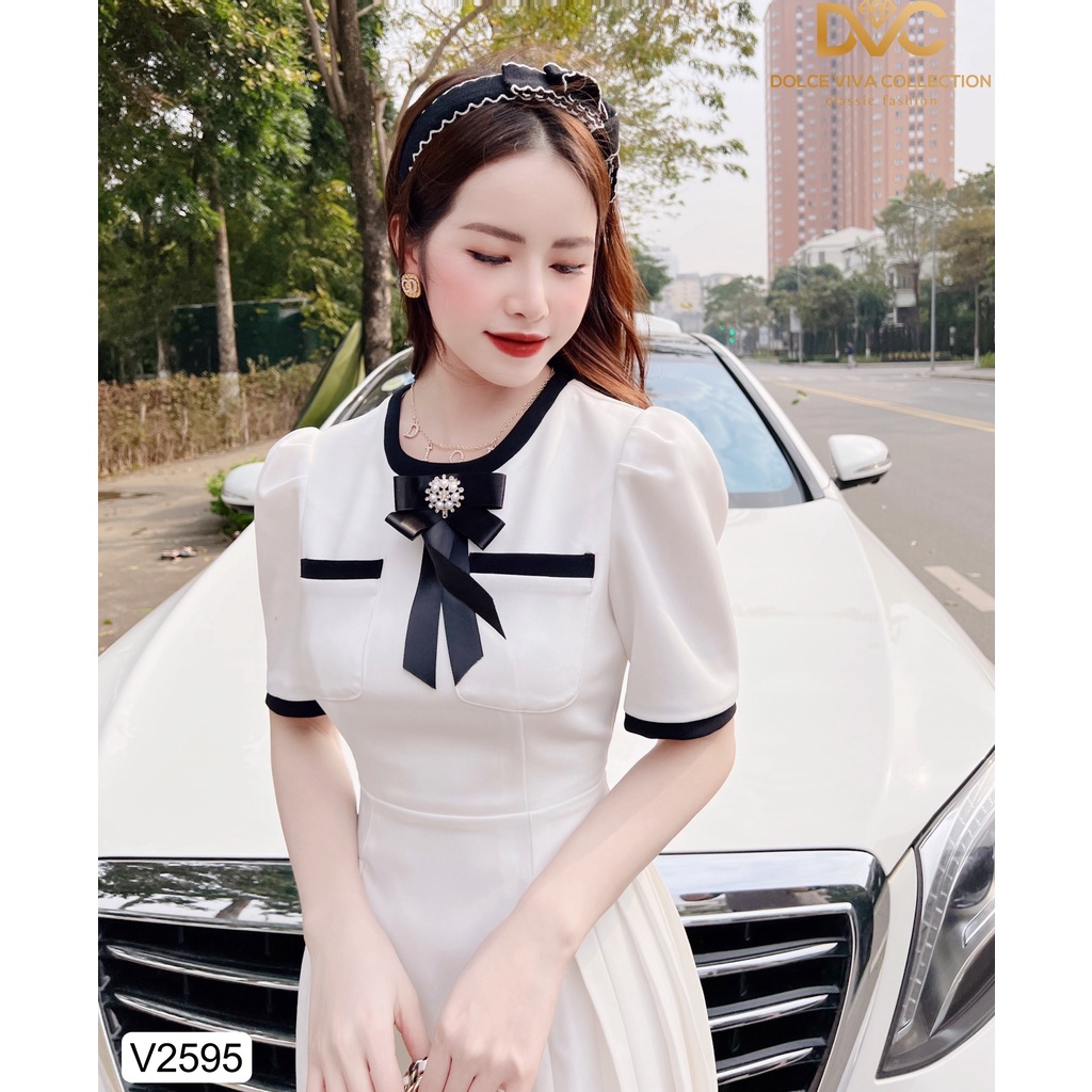 (Kèm vieo và ảnh trải sàn) VÁY MANGO TRẮNG VIỀN ĐEN V2595 - DOLCE VIVA COLLECTION