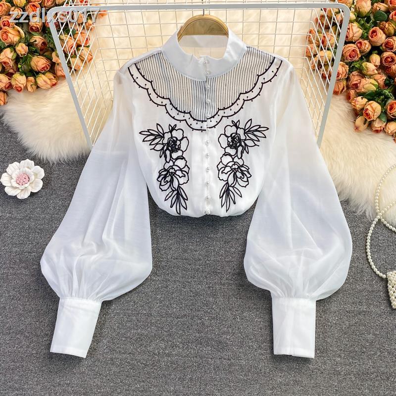 2021 mùa thu cổ điển phong cách cung điện cổ đứng lên công nghiệp nặng đèn lồng tay áo thêu hoa áo sơ mi phụ nữ phong cách phương tây lỏng lẻo đỉnh triều