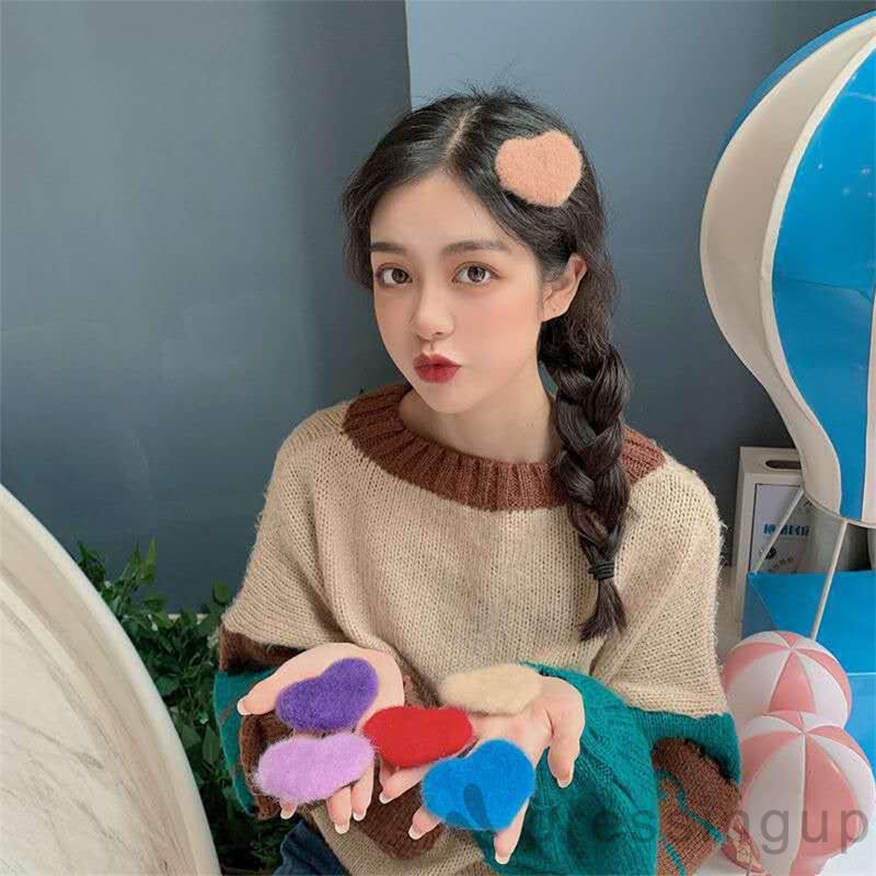Kẹp tóc hình trái tim bằng vải lông nhung đơn giản cho nữ