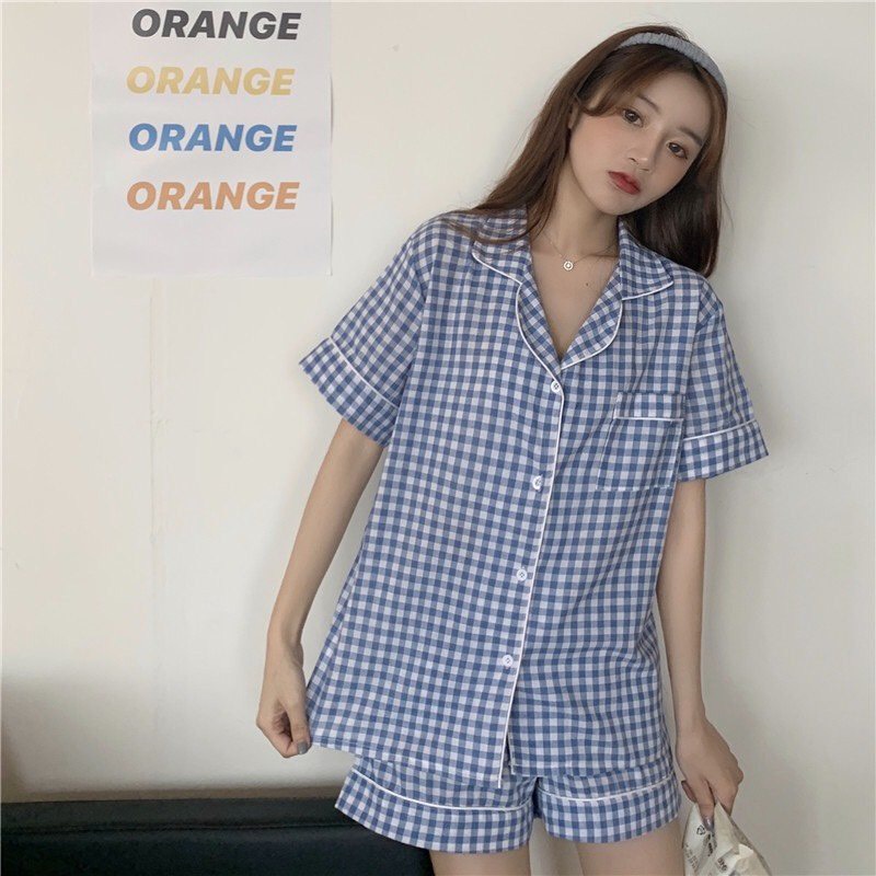 Set Pijama Cộc Tay Kẻ Caro PEONYB Nữ [FREESHIP] Bộ đồ ngủ mặc ở nhà, áo thun form rộng kèm quần short cá tính Ulzzang