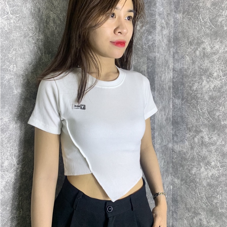Áo croptop nữ ngắn tay bất đối xứng GenY - Áo kiểu nữ chất thun gân chéo tà tôn eo siêu xinh | BigBuy360 - bigbuy360.vn