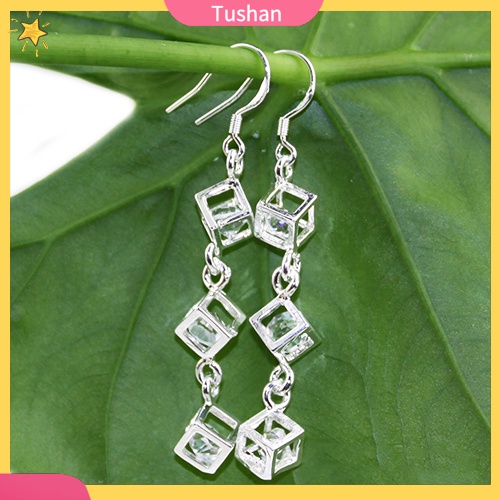 Khuyên tai nữ mạ bạc dáng dài đính khối lập phương xinh xắn