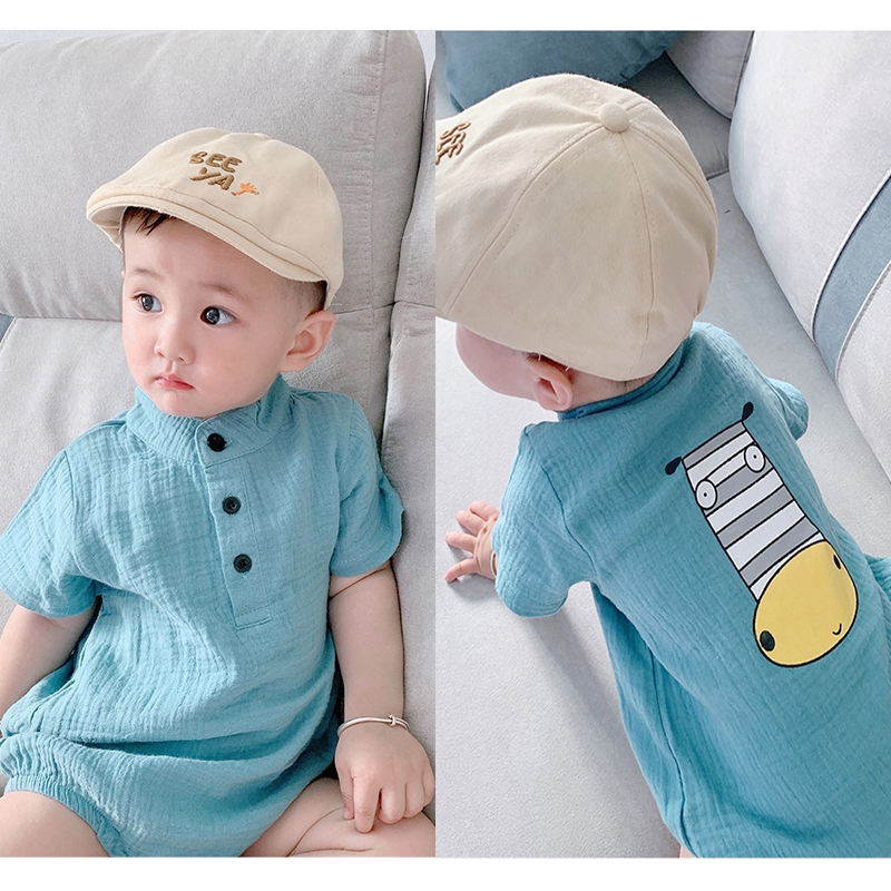 Áo Liền Quần Ngắn Tay Chất Liệu Cotton In Hình Hoạt Hình Dành Cho Bé Trai 0-18 Tháng Tuổi