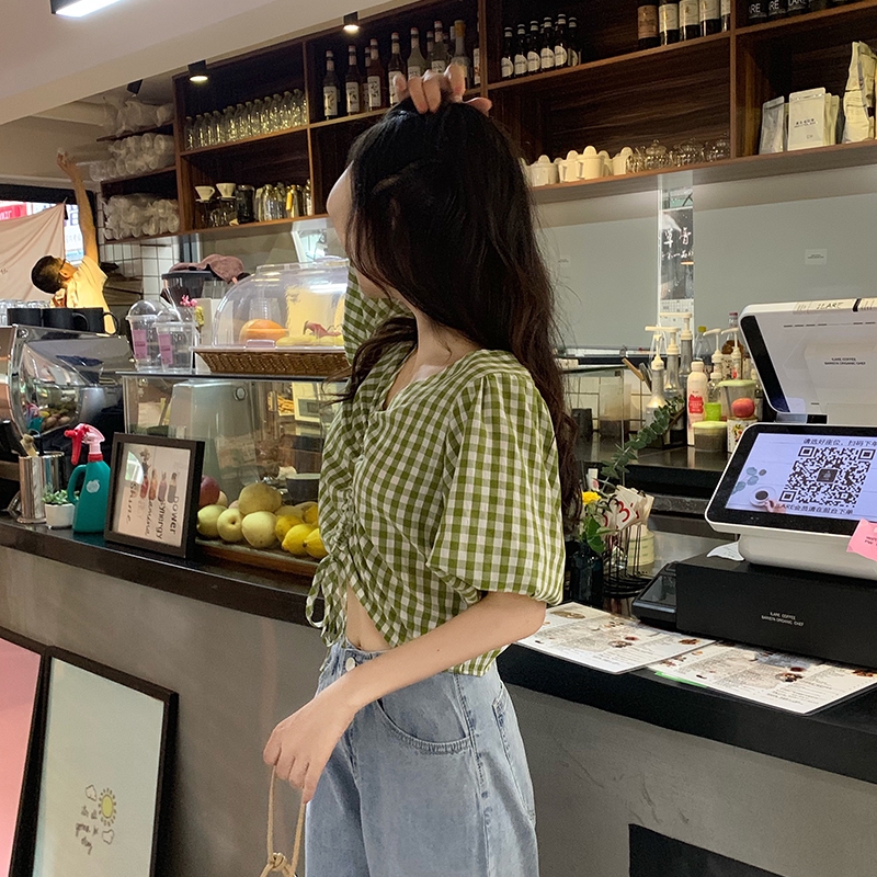 Áo bánh bèo nữ croptop caro kẻ đỏ, xanh, áo kiểu nữ tay phồng rút dây du lịch đi chơi Hàn Quốc