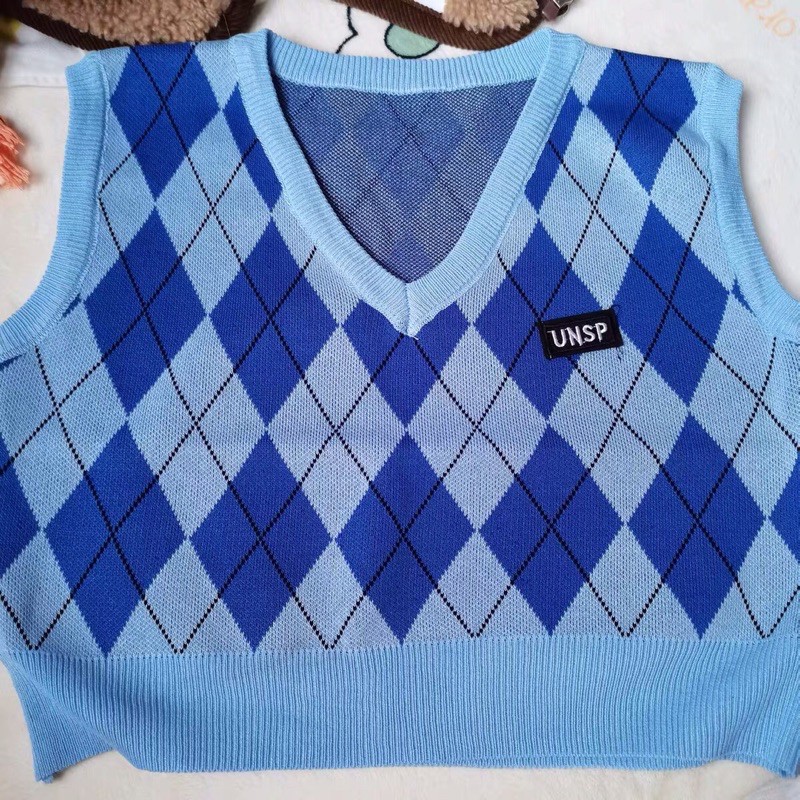 Áo gile len croptop xanh dương