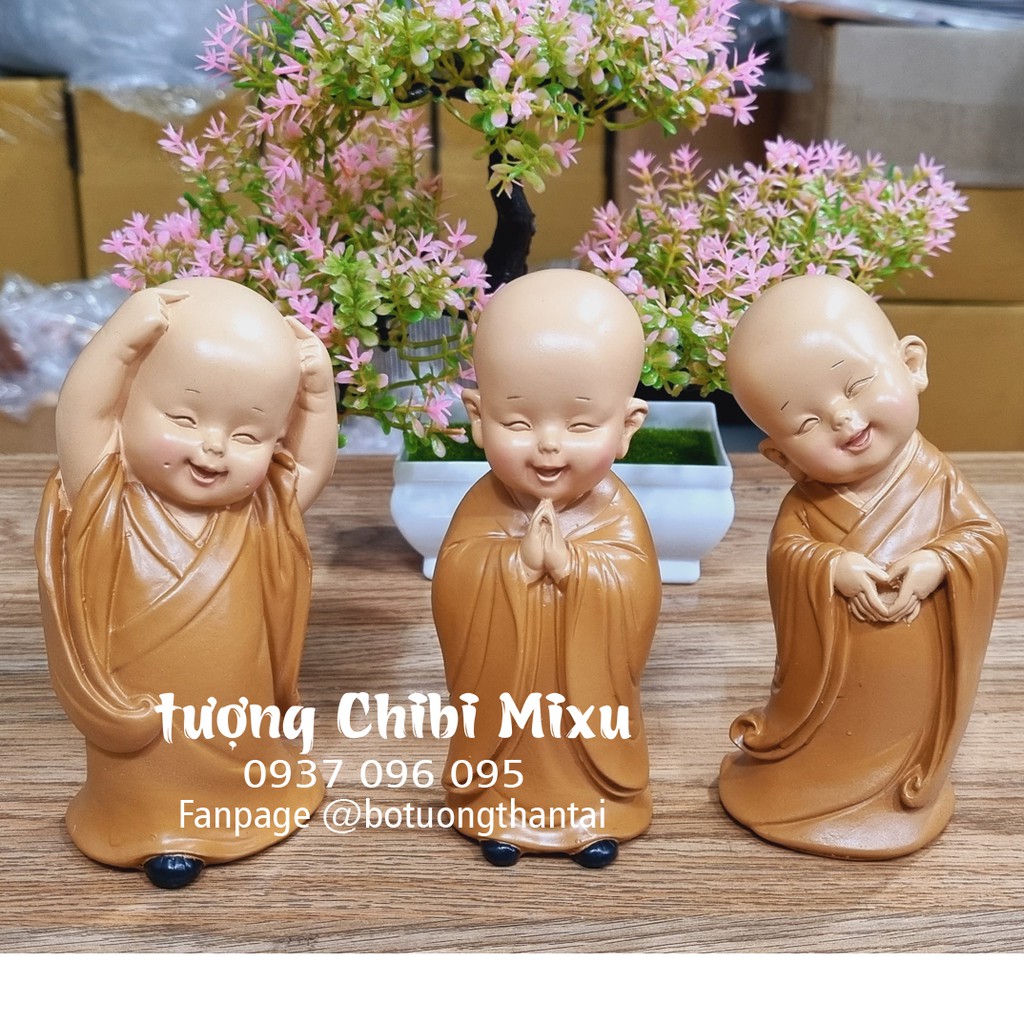 Bộ 03 chú tiểu áo nâu yêu đời mẫu đứng 13.5cm