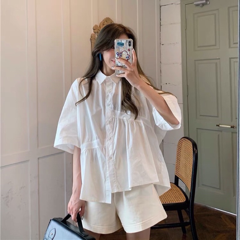 Áo Sơ Mi Vạt Lệch Tay Lỡ Dáng Babydoll Dành Cho Nữ