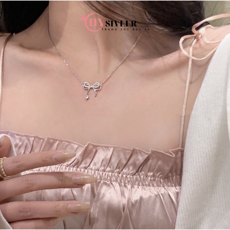 Dây chuyền bạc ta nơ kép nạm đá đính đá rơi nữ tính dây chuyền nữ bạc thật