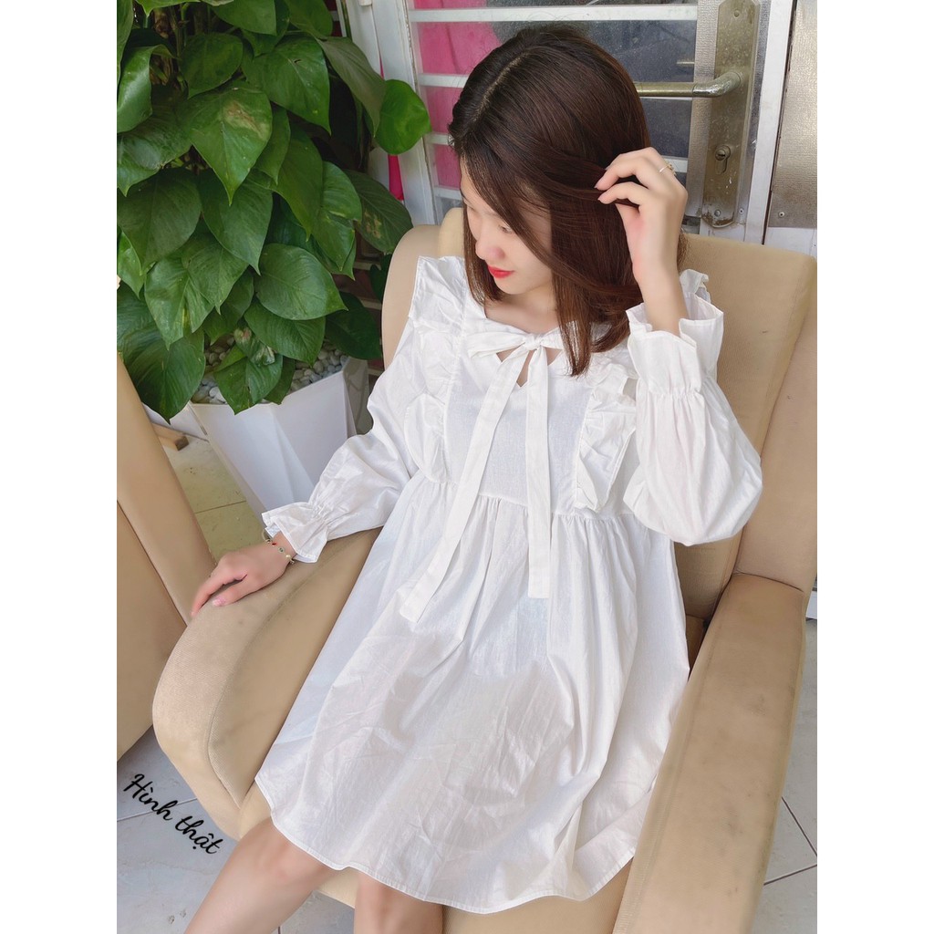 ĐẦM BABYDOLL CỘT NƠ CỔ VIỀN BÈO TAY DÀI NHÚN