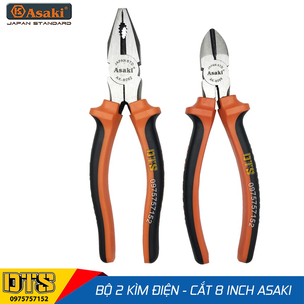 Bộ 2 kìm điện - kìm cắt kiểu Mỹ Asaki A+cut Tech 8 inch/ 200mm, thép High Carbon độ cứng cao