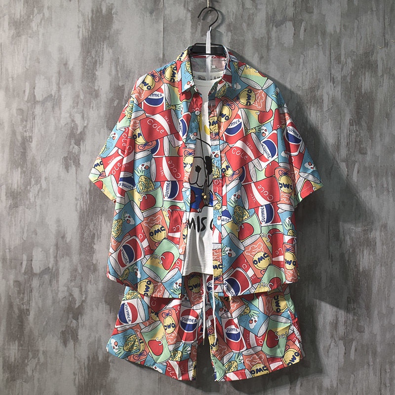 Bộ Đồ Áo Sơ Mi Tay Ngắn Phối Quần Short Dáng Rộng Kiểu Đường Phố Nhật Bản Thời Trang Mùa Hè Cho Nam