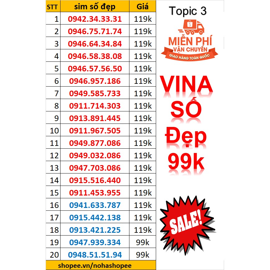 Thỏa sức chọn Sim Vina số đẹp 09 đồng giá. Freeship, tặng que chọc sim topic 3