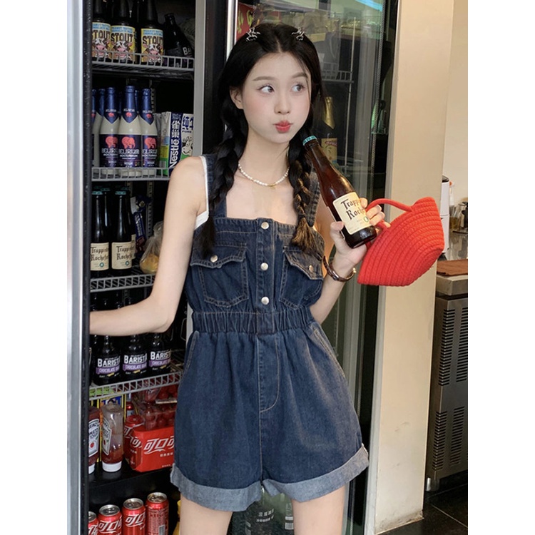 Jiashucheng Quần Yếm Denim Ngắn Viền Xoăn Ống Rộng Thời Trang Mùa Hè 2023 Phong Cách Retro Mới Cho Nữ