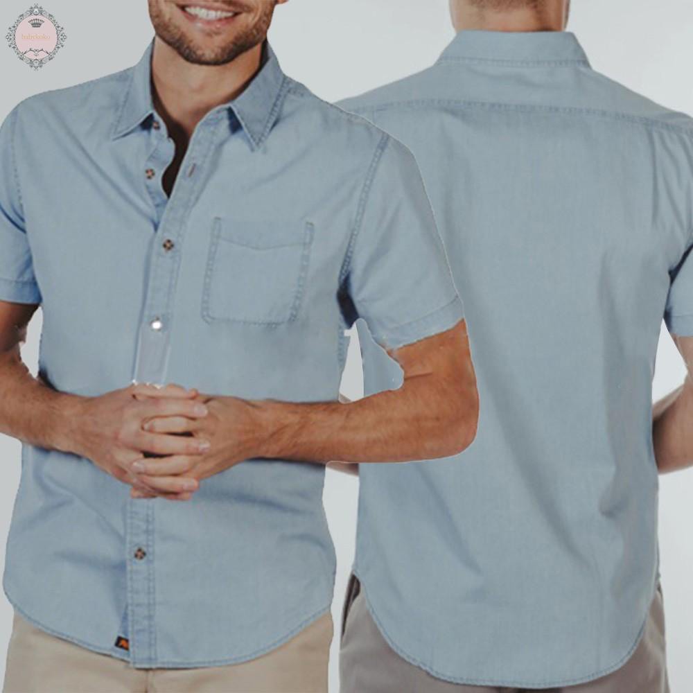 Short Sleeve Denim Men\'s Shirt Neck Shirt Shirts Short Sleeve Slim Tops Button