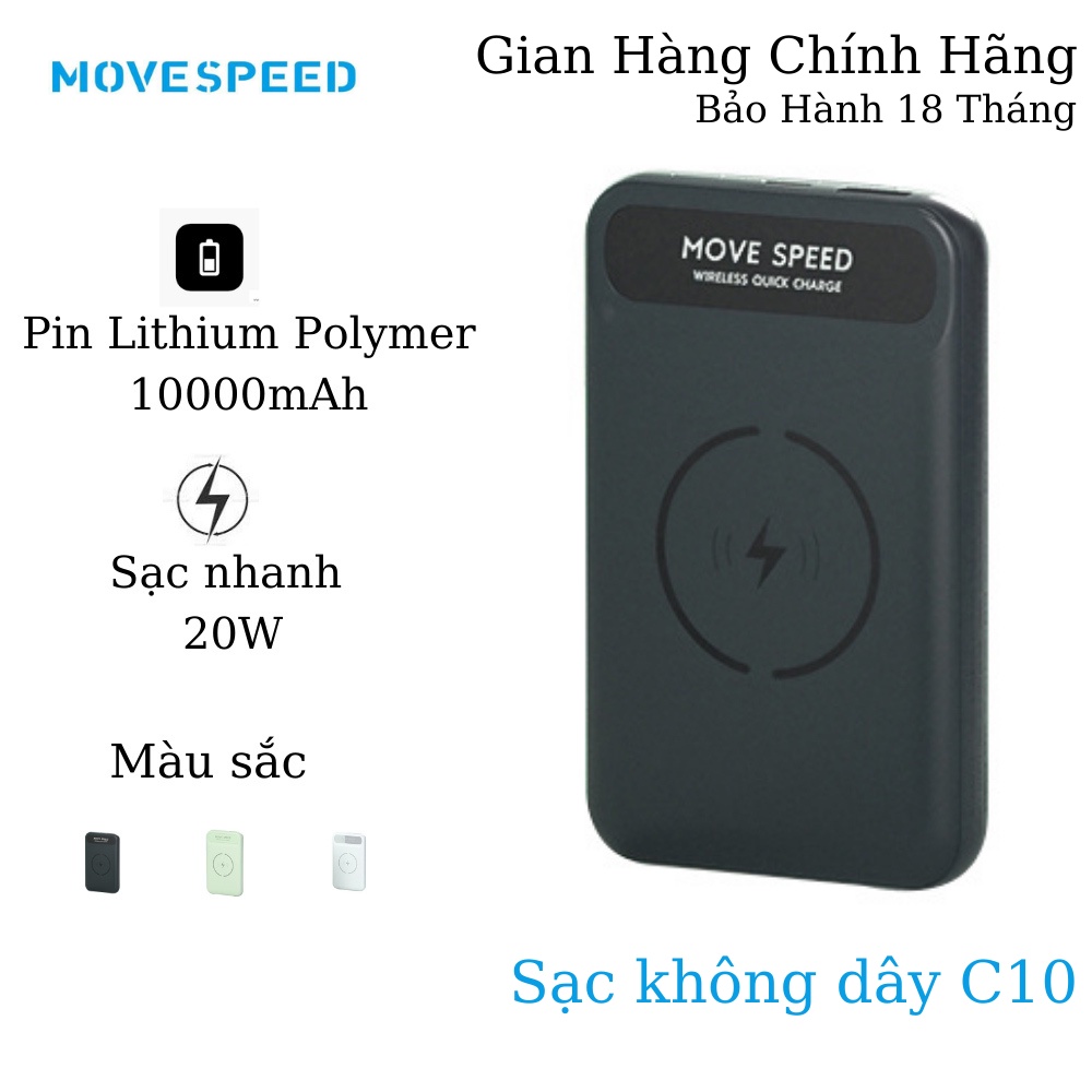 Sạc Dự Phòng Không Dây MagSafe MOVESPEED C10 10000Mah - Sạc Nhanh USB-A SCP 22,5W/ USB-C PD 20W/ MagSafe 15W Chuẩn Apple