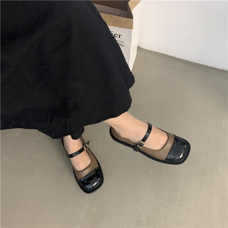 Giày bệt nữ da mềm hai màu, giày búp bê dây cài chất liệu mềm nhẹ thoải mái