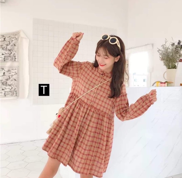 Váy kẻ cổ tàu chun tay TTO666