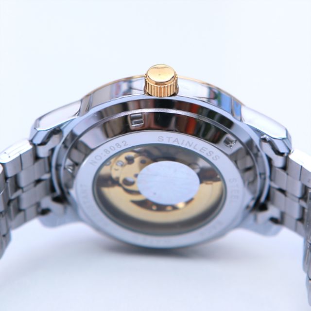 Đồng hồ nam automatic Byino 8885 dây thép không gỉ cơ lộ máy, Đồng hồ đeo tay tự động chống xước chống rỉ FERADO