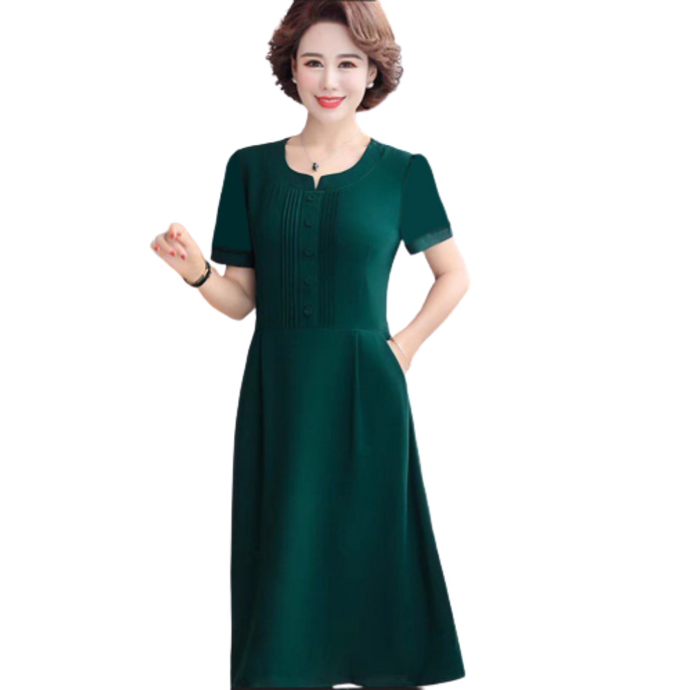 Đầm trung niên dự tiệc u50 sang trọng Thiên Tú kiểu cổ tròn tay ngắn chất voan lụa mát mẻ dài đến cổ chân