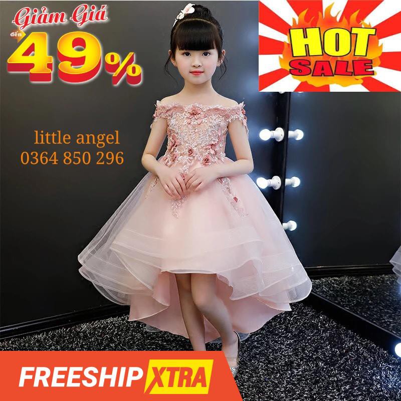 ( SALE 49%) Đầm Công Chúa Bé Gái Hồng Đuôi Nhạt Ren Thêu Cao Cấp 9kg - 40kg