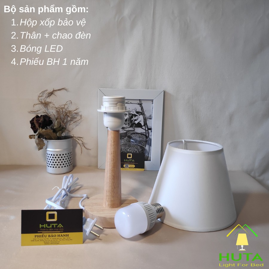 Đèn Ngủ Gỗ Để Bàn Điều Chỉnh Độ Sáng, Ánh Sáng Vàng Ấm, Chao Vải, Bóng Led, Decor Phòng ngủ Vintage Hàn Quốc,Mã G2 -HUTA