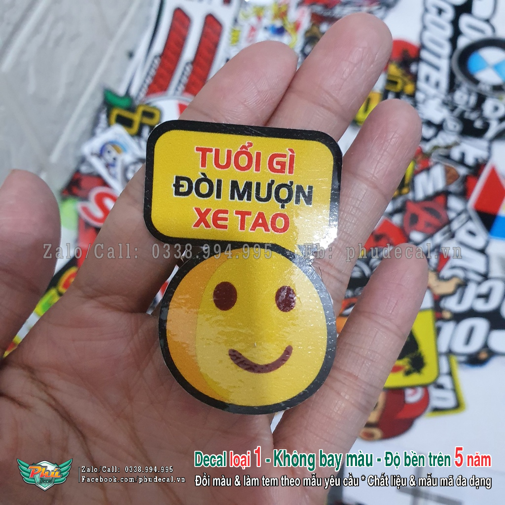 Hình dán sticker " tuổi gì nượn xe " không cho mượn xe 5.5x4cm vui nhộn cà kịa dán xe máy, xe ô tô, xe đạp