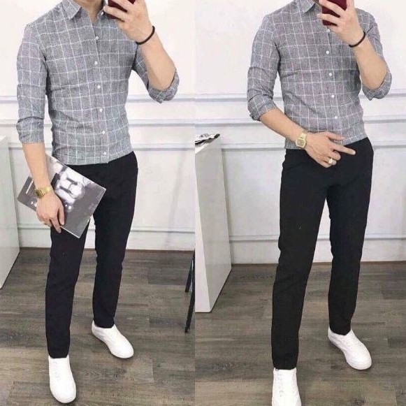 Áo sơ mi nam Ghi Xám Kẻ Ca Rô dài tay chuẩn thiết kế Hàn Quốc(SMLD) | BigBuy360 - bigbuy360.vn