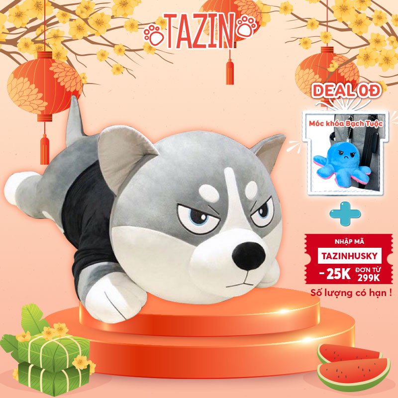 Gấu bông chó husky, gối ôm chó husky bông mềm mịn cao cấp Tazin