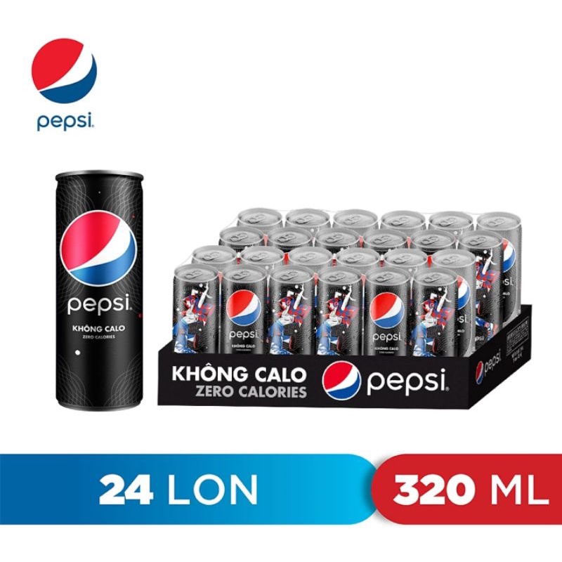 (Thùng 24 lon) Nước ngọt Pepsi Không Calo Mix 2 vị ( Vị Chanh và Cola) (Lon 320ml)