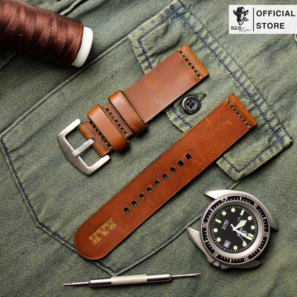 Dây Đồng Hồ Casio Ae1200 , Seiko 5, Orient Sk Da Bò Ý Nâu Đỏ Simple 3 - Ram Leather Khâu Tay Thủ Công Tỷ Mỹ