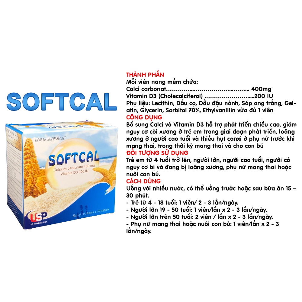 SOFTCAL HỘP 100V - SOFTCAL - BỔ SUNG CALCI VÀ VITAMIN D3 cho phụ nữ khi mang thai, loãng xương ở người già, g
