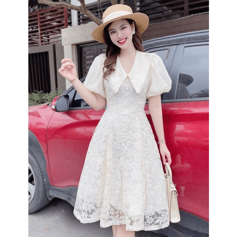 Mẫu HOT-- Đầm Ren Cổ Sen Tay Ngắn Dáng Nhẹ Nhàng Cực Sang Chảnh UP