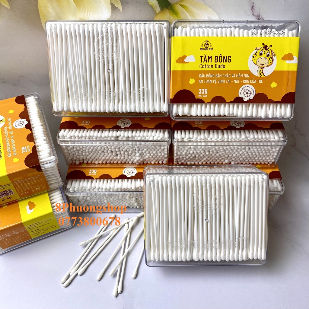 Tăm Bông 336 Que HỘP CHỮ NHẬT Bông Bạch Tuyết Cotton Buds vệ sinh cho bé và người lớn