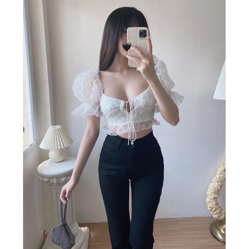 Áo croptop lưới caro trắng tay phồng
