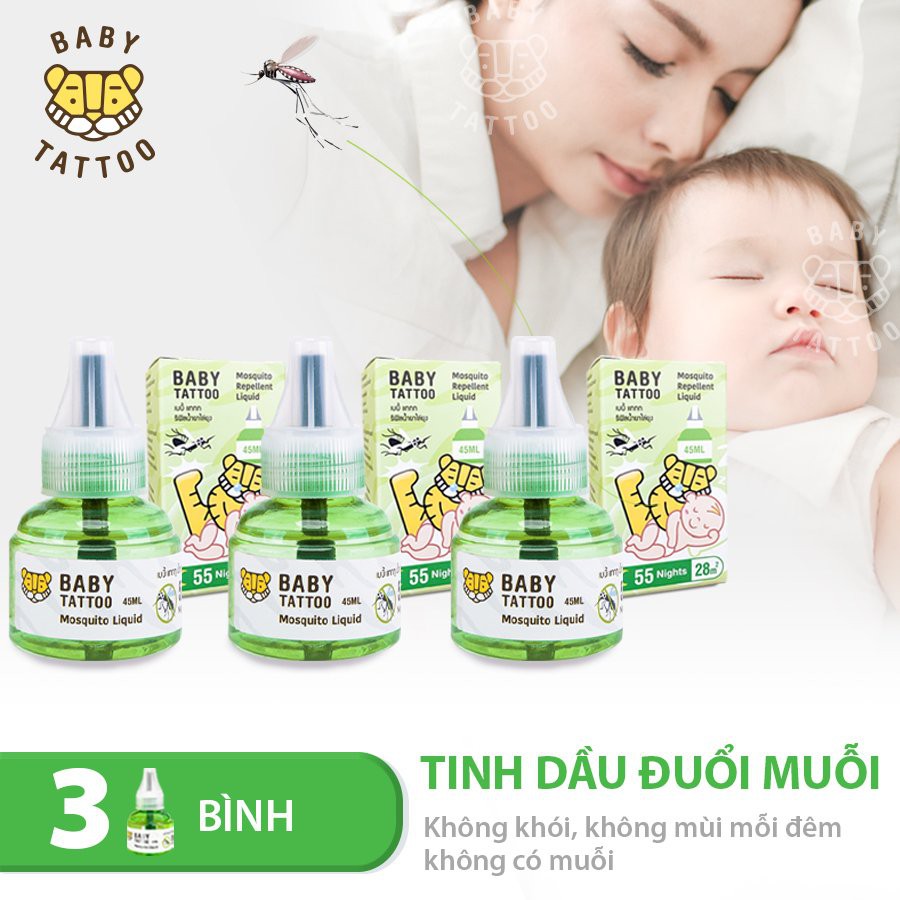 BABY TATTOO Combo 3 Bình Tinh Dầu Đuổi Muỗi Bổ SungDung Không Khói Không Mùi An Toàn Cho Bé, Chống Muỗi Tuyệt Đối