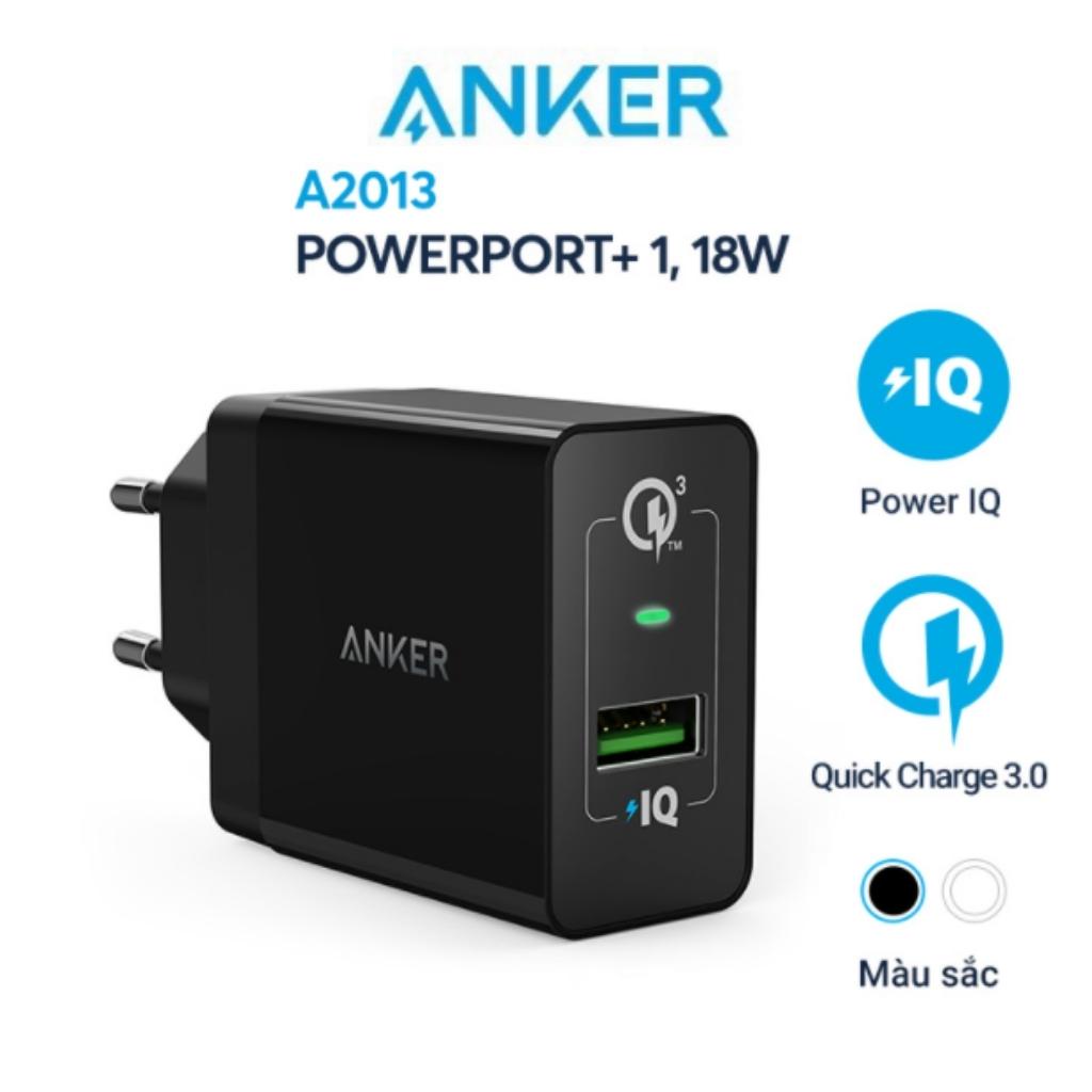 Củ Sạc nhanh, Cốc sạc ANKER PowerPort+ 1 18w Quick Charge 3.0 PowerIQ chân tròn - A2013 - Hàng Chính Hãng