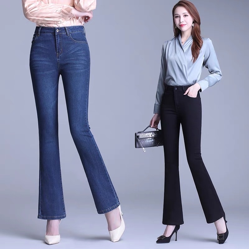 Quần Jean Ống Bass Cotton Co Giãn 4 Chiều Quần Bò Ống Loe Cạp Cao Dáng Skinny