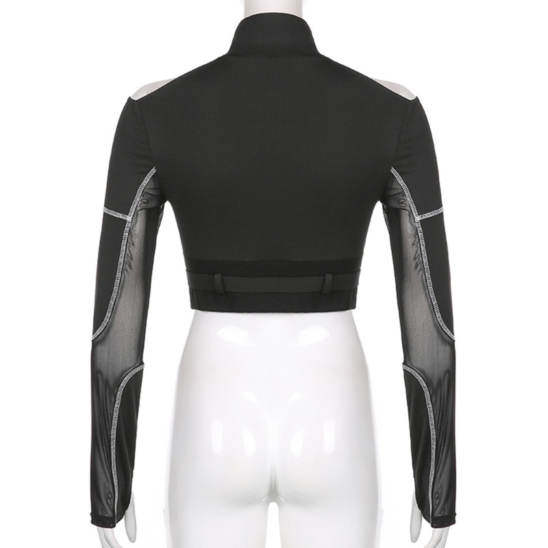 Áo thun tay dài cổ lọ phối khóa kéo nửa vai phong cách gothic Harajuku quyến rũ cho nữ