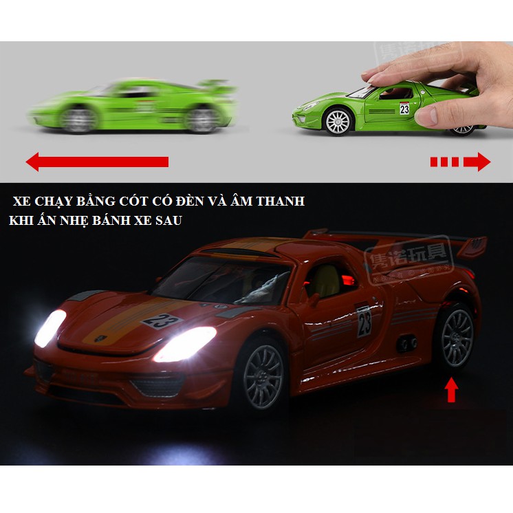 Mô hình xe ô tô Porsche 918 tỉ lệ 1:32 bằng sắt đồ chơi trẻ em xe chạy cót có âm thanh và đèn mở các cửa
